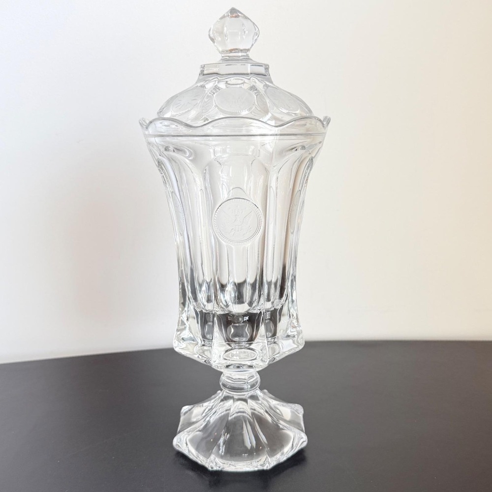 Fostoria Clear Glass Coin Medallion 13 Inch Footed Urn Apothecary Jar Vintage